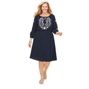 TALBOTS EMBROIDERED GAUZE A-LINE DRESS NAVY/WHITE SIZE 3X